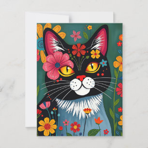 Postal Arte popular lindo Gato caprichoso y flores