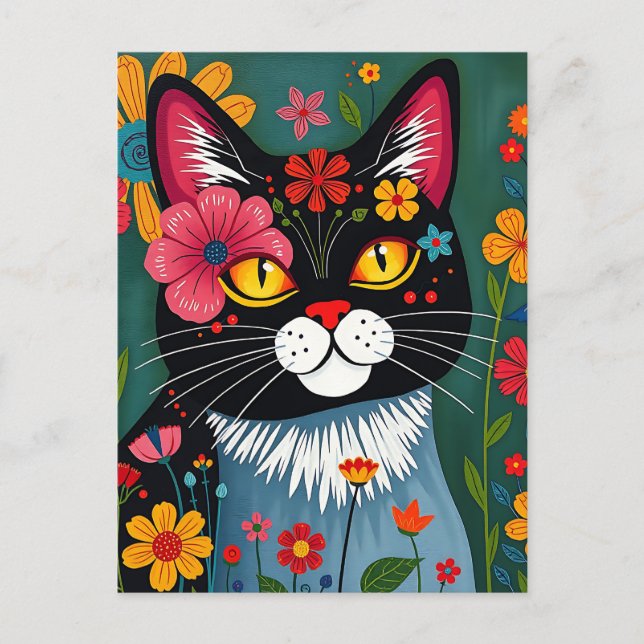 Postal Arte popular lindo Gato caprichoso y flores (Anverso)