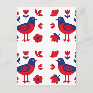 Postal Arte popular patrón floral pájaro rojo azul