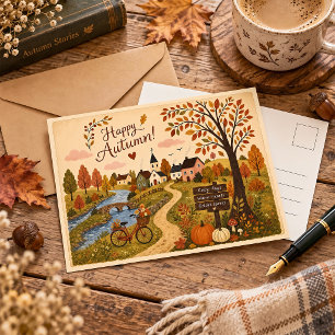 Postal Arte popular vintage de otoño Cottage Village Salu