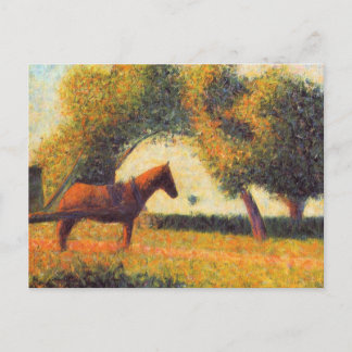 Postal Arte puntillista de caballos y carros de Seurat