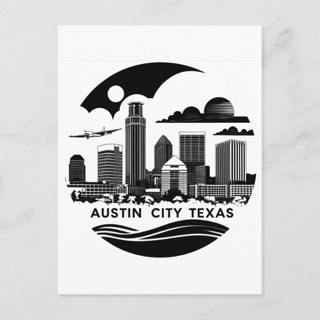 Postal Arte Retro de la silueta de Austin Ciudad Texas en (Anverso)