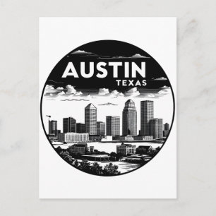 Postal Arte Retro de la silueta de Austin Ciudad Texas en
