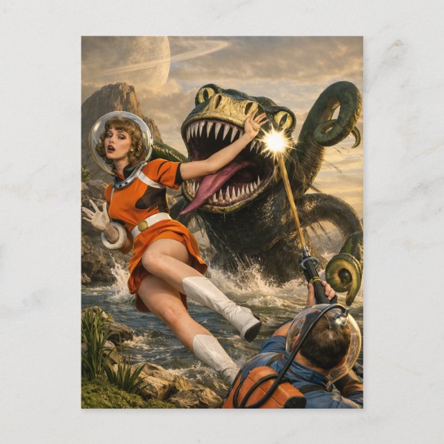 Postal Arte Retro de Monstruo Espacial de Ciencia Ficción (Anverso)