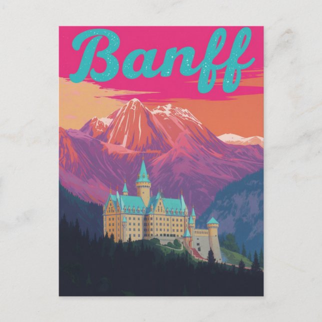 Postal Arte Retro de Montañas del Castillo de Banff (Anverso)