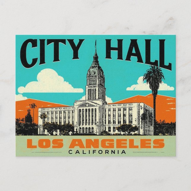 Postal Arte retro del ayuntamiento de Los Ángeles (Anverso)