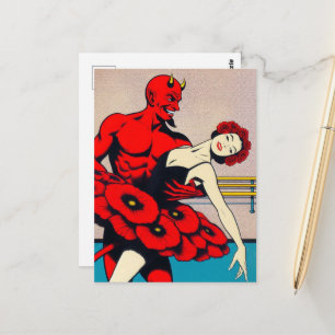 Postal Arte Retro del Diablo con Bailarina en un Vestido 
