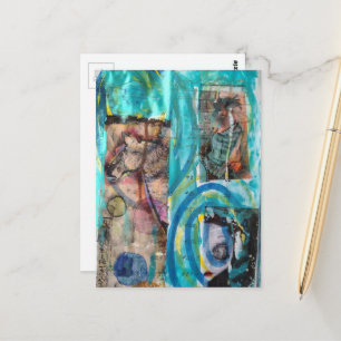 Postal Arte Retro Único de Caballo, Burro y Muñeca en Med