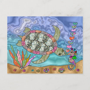 Postal Arte sicodélico de tortuga marina y caballito de m