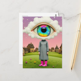 Postal Arte surrealista con la cabeza en las nubes
