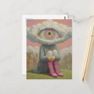 Postal arte surrealista con la cabeza en las nubes
