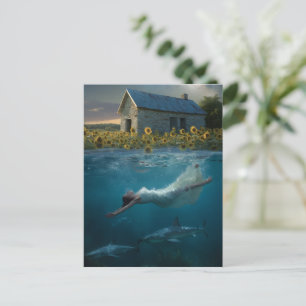 Postal Arte surrealista nadando con tiburones en la prade