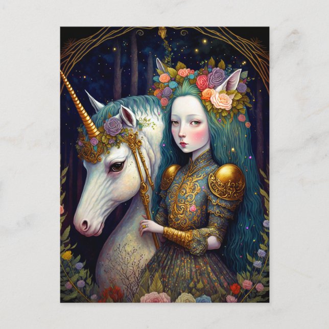 Postal Arte Unicornio y Lady Fantasy (Anverso)