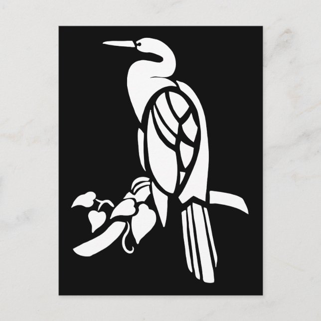 Postal Arte vector blanco y negro, aves: garza en árbol (Anverso)