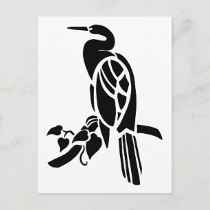 Postal Arte vectorial blanco y negro, aves: garza en árbo