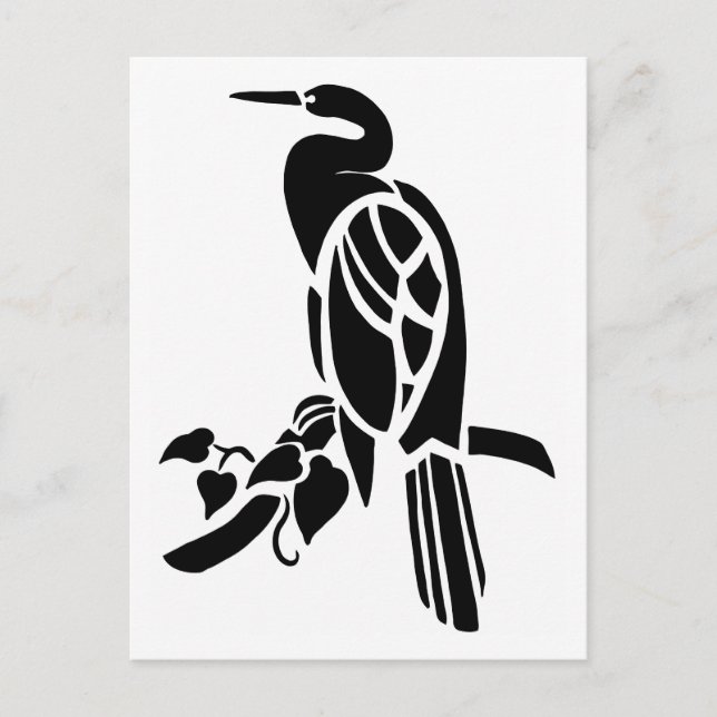 Postal Arte vectorial blanco y negro, aves: garza en árbo (Anverso)