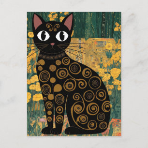 Postal Arte Vintage Alterado Gato Negro Floral Gustav Kli