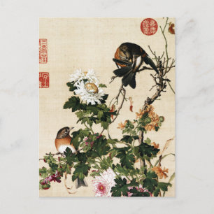 Postal Arte Vintage Chinoiserie Crisantemo y Pájaros