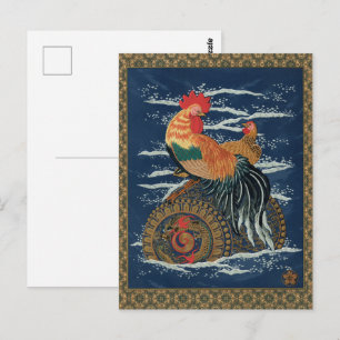 Postal Arte Vintage de Dragón Gallo Japonés
