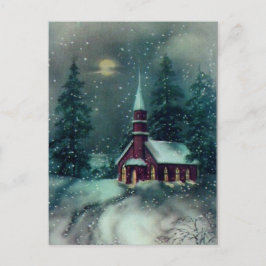 Postal Arte vintage de escena de nieve en la iglesia