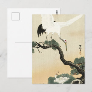 Postal Arte vintage de grulla japonesa y pino de Ohara Ko