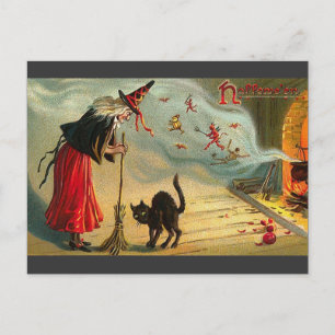 Postal Arte vintage de Halloween - El gato conoce a la br