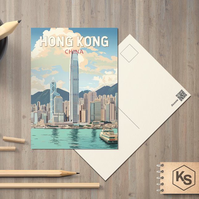 Postal Arte Vintage de Viajes a Hong Kong China (Subido por el creador)