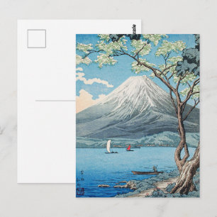 Postal Arte vintage japonés del Monte Fuji y el lago Yama