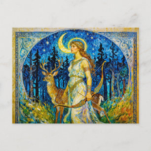 Postal Artemis con Ciervo y Arco en una Noche de Bosque E