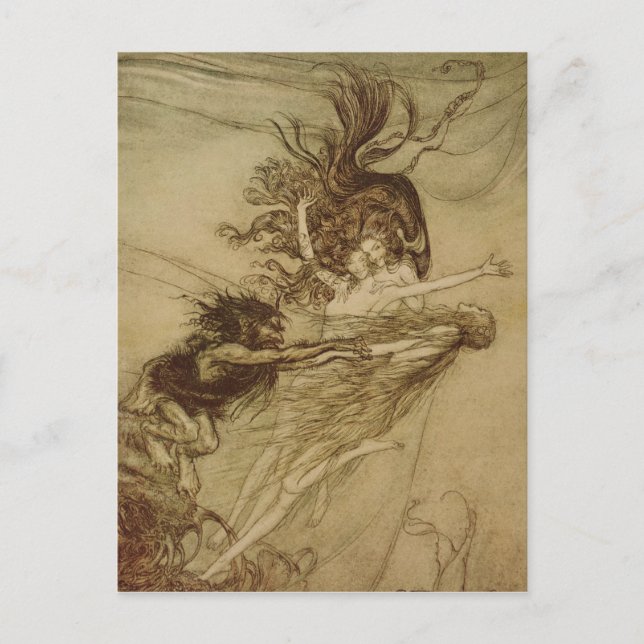 Postal Arthur Rackham | Los Rhinemaidens burlándose de Al (Anverso)