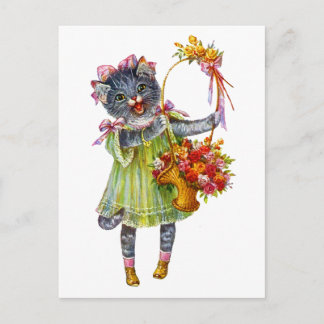 Postal Arthur Theile Kitty Cat con una cesta de flores