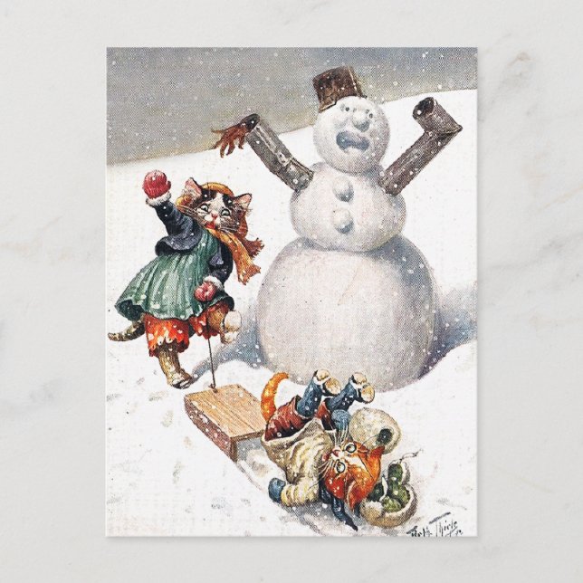 Postal Arthur Thiele - Gatitos se tambalean en la nieve (Anverso)