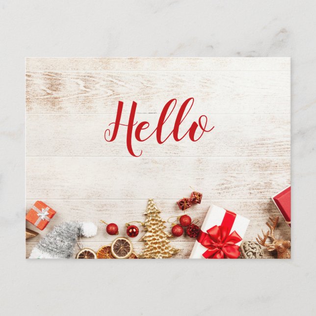 Postal Artículos de navidad en una tabla de madera rústic (Anverso)