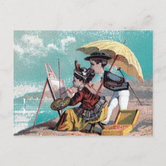 Postal Artista a orillas del mar