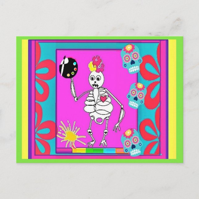 Postal Artista de esqueletos, Día de los Muertos, Arte (Anverso)