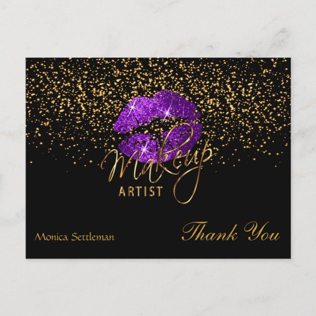 Postal Artista de maquillaje labios púrpura en negro (Anverso)