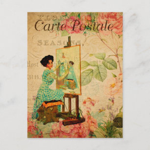 Postal Artista ventilado sentada en el Easel Francés