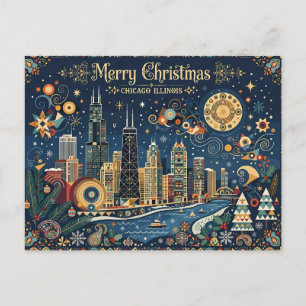 Postal Artsy Chicago, Illinois, Feliz Navidad