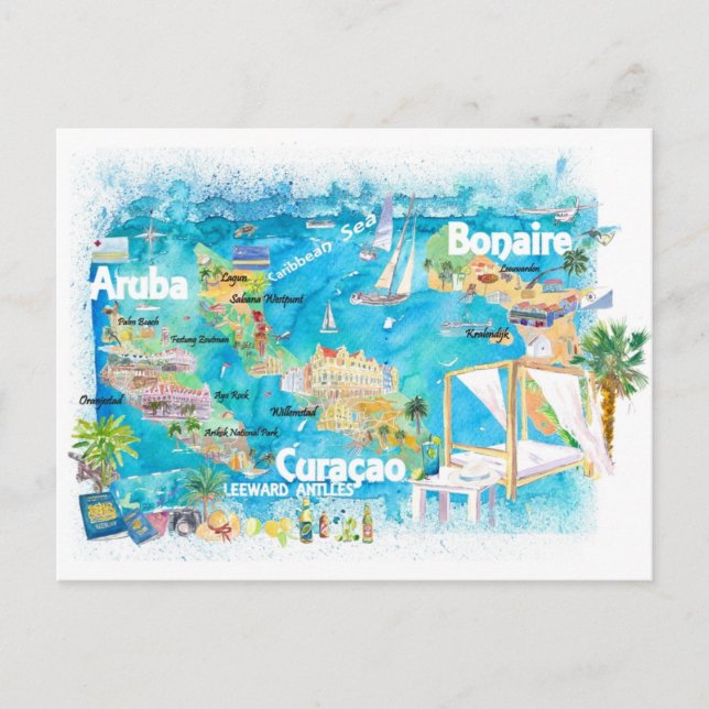 Postal Aruba Bonaire Curacao Islas Ilustradas Viajes (Anverso)