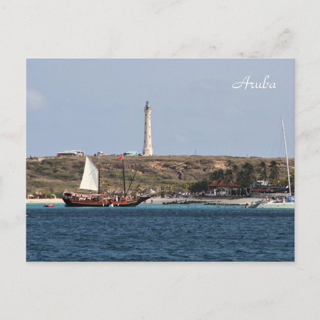 Postal Aruba, faro, velero, fotografía (Anverso)