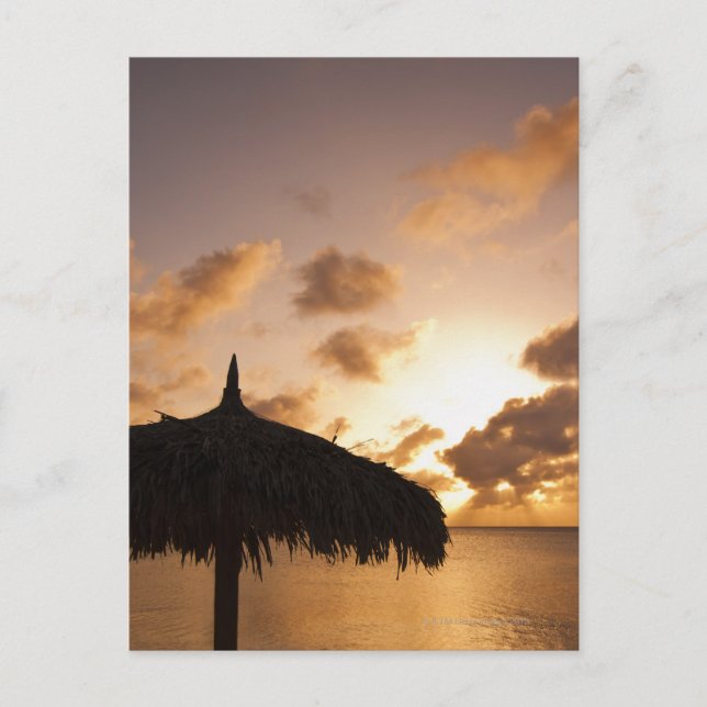 Postal Aruba, silueta de palapa en la playa al atardecer (Anverso)