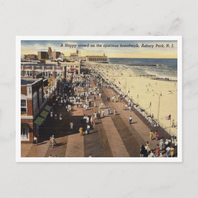 Postal Asbury Park NJ, feliz paseo marítimo de la multitu (Anverso)