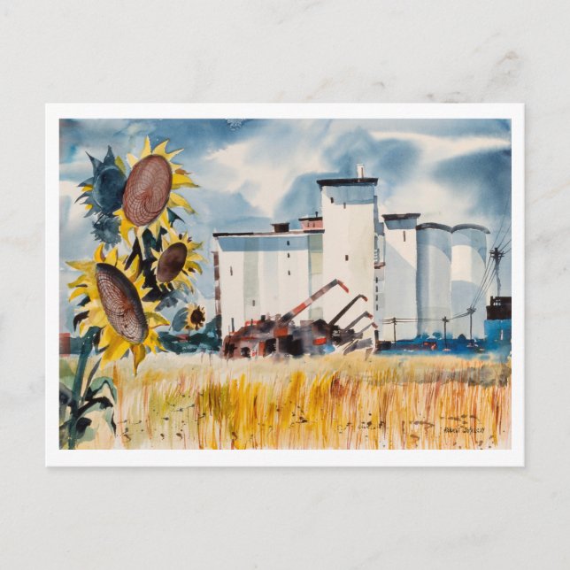Postal Ascensor de granos con pintura de girasoles (Anverso)
