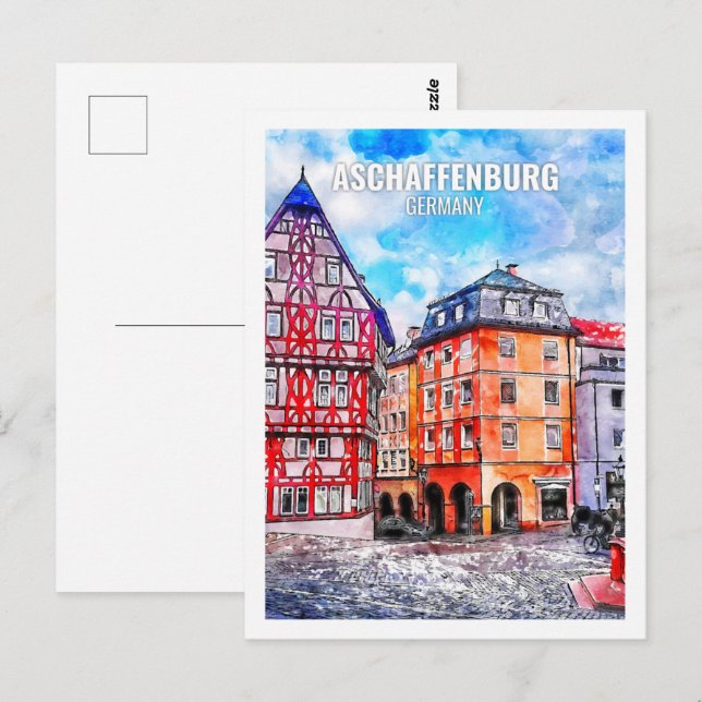 Postal Aschaffenburg Alemania Viaje Sketch de acuarela (Anverso / Reverso)