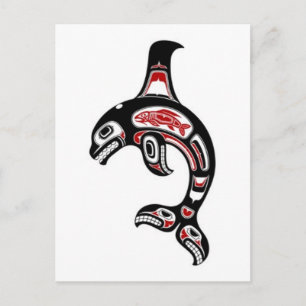 Postal Asesina de ballenas con espíritus Haida en rojo y