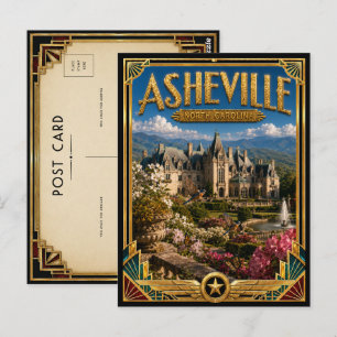 Postal Asheville Carolina del Norte Arte Deco Dorado Vint