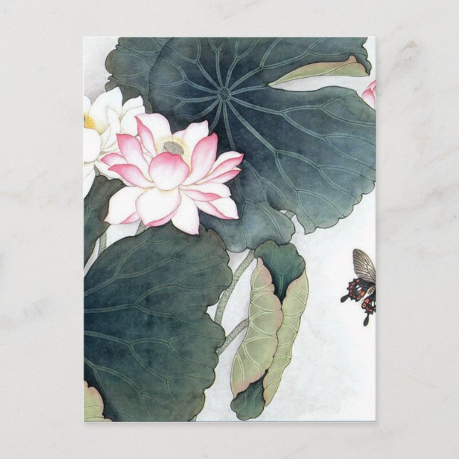 Postal Asia Lotus Leaf Pink Flower Butfly Art Guay (Anverso)
