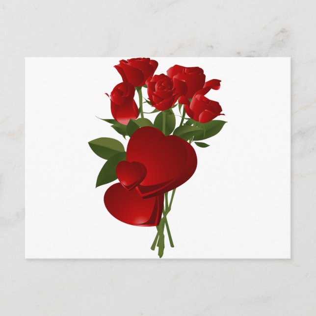 Postal Asombrosas rosas rojas y corazones (Anverso)