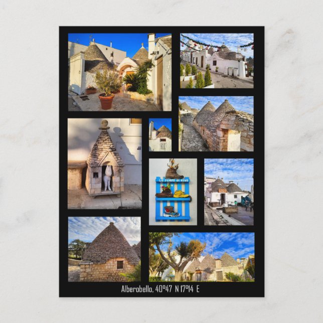 Postal Asombroso Alberobello, collage (Anverso)