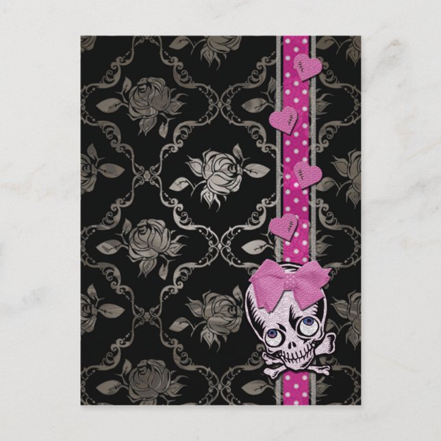 Postal Asombroso cráneo Chica con reverencia rosada en da (Anverso)